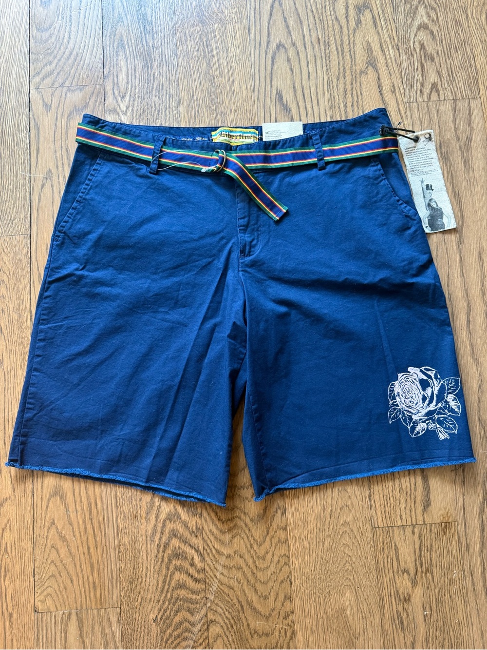 Libertine x Target Navy Bermuda Shorts with Rose Stamp and Ribbon Belt. NWT 13